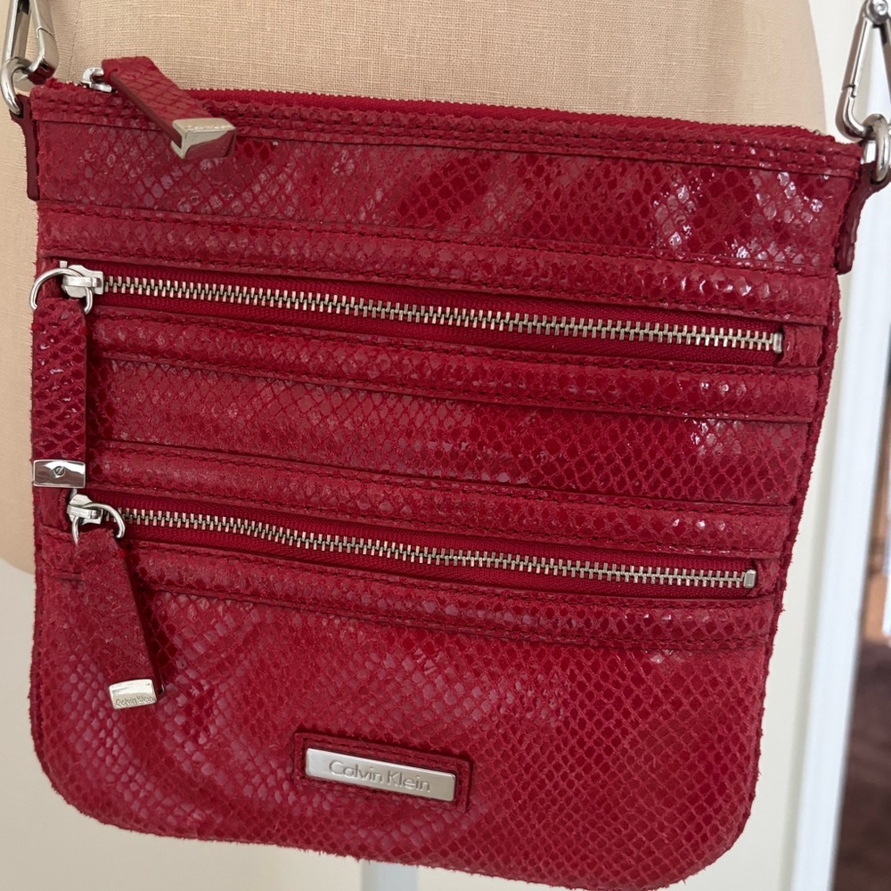 EUC Calvin Klein Red Leather Crossbody Bag With Multiple Exterior Zip pockets